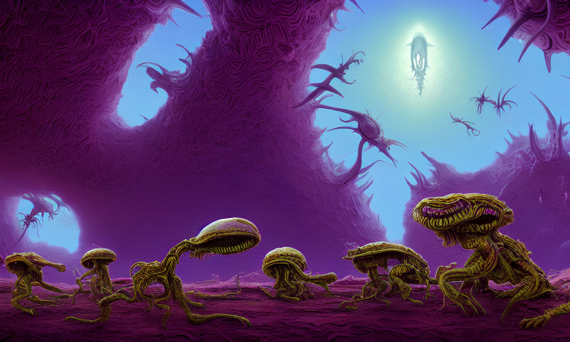 Alien landscape with purple hues, tentacled creatures, and giant spiders