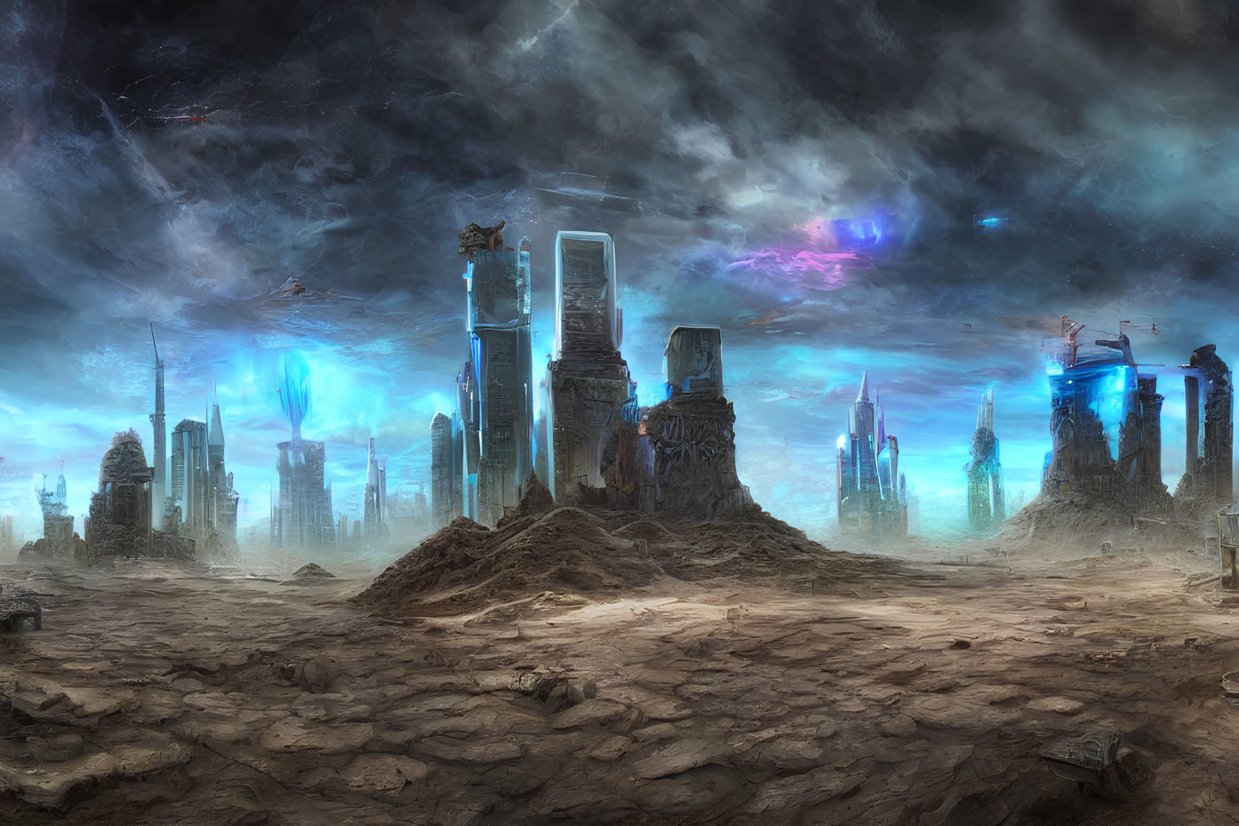 Dystopian landscape with ruins, futuristic skyscrapers, and stormy sky