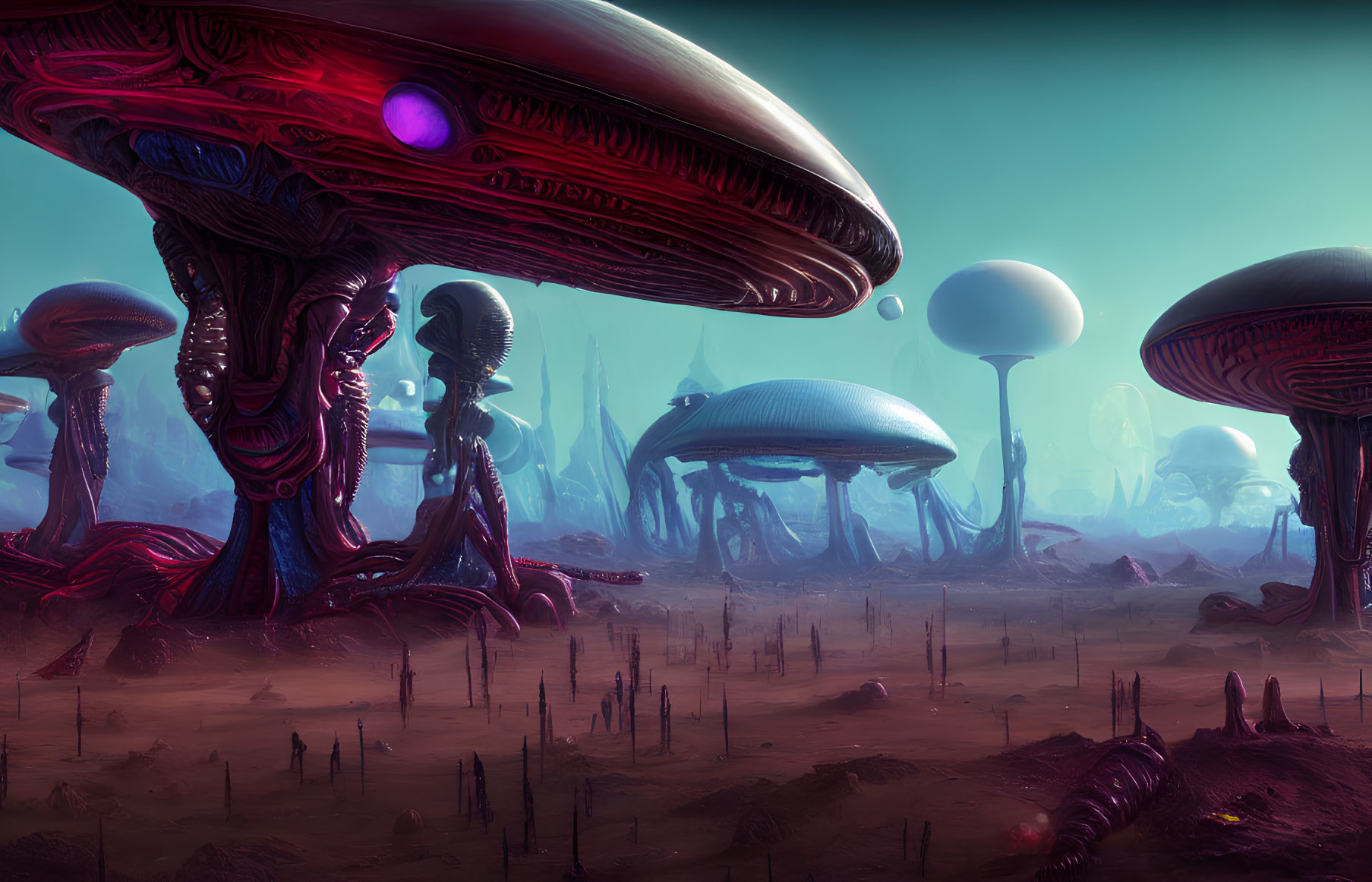 Surreal alien landscape with towering mushroom-like structures under hazy sky