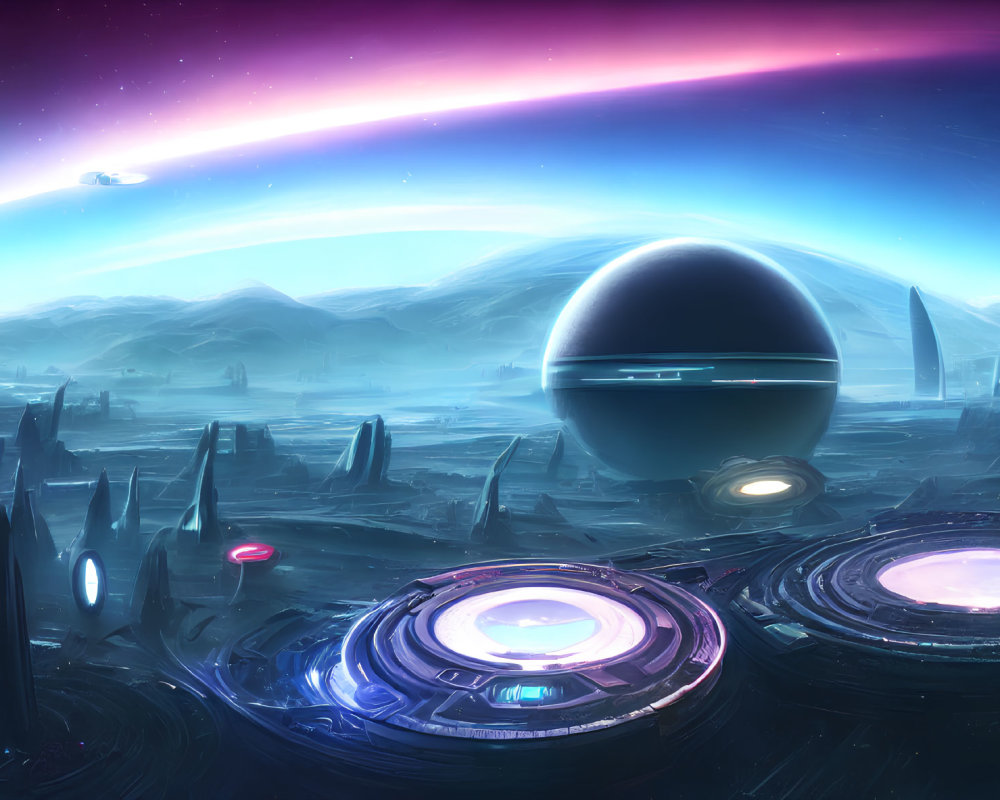 Futuristic landscape with glowing alien structures, large planet, vibrant aurora