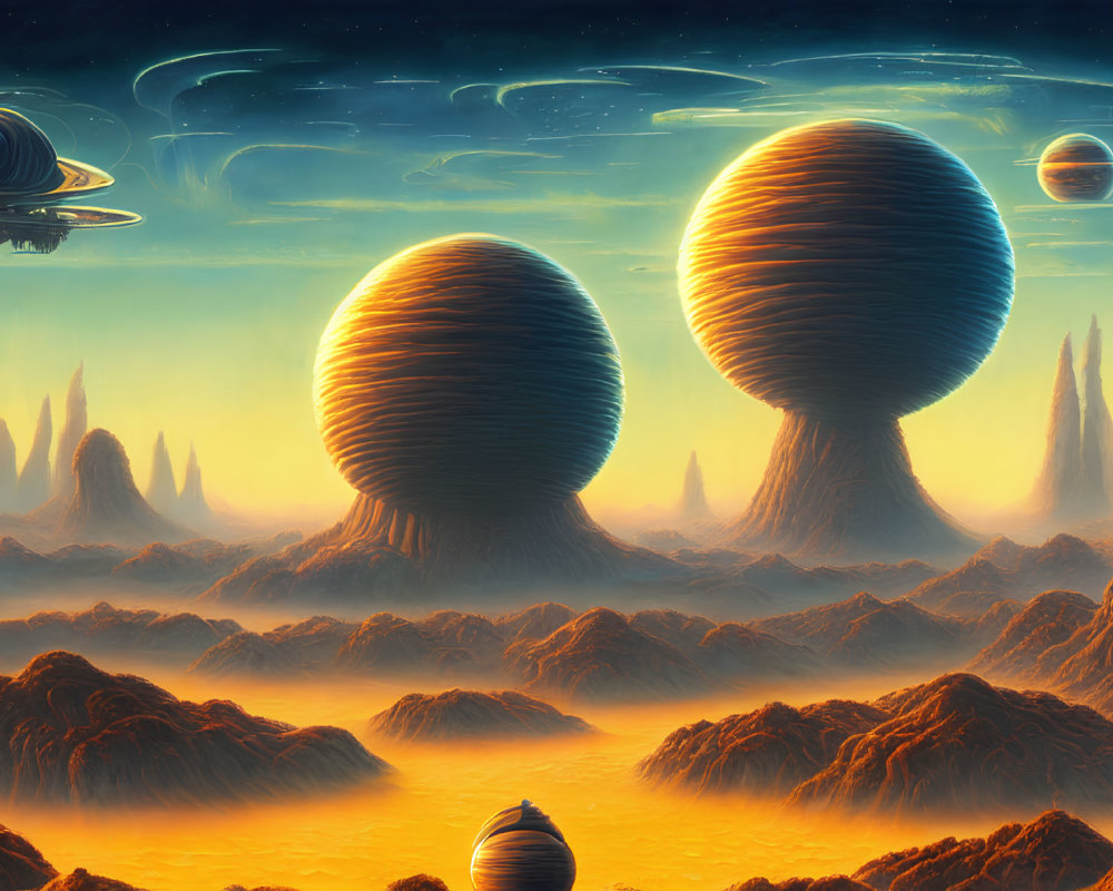 Surreal sci-fi landscape with egg-shaped structures and rocky terrain