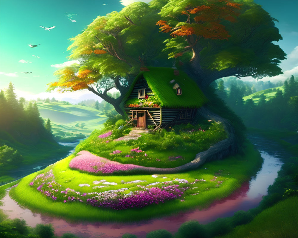 Whimsical treehouse nestled in lush island scenery