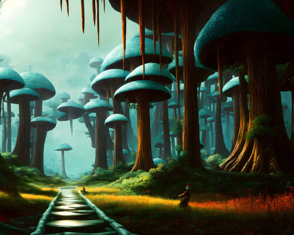Enormous Mushroom Trees in Fantastical Forest with Wooden Walkway