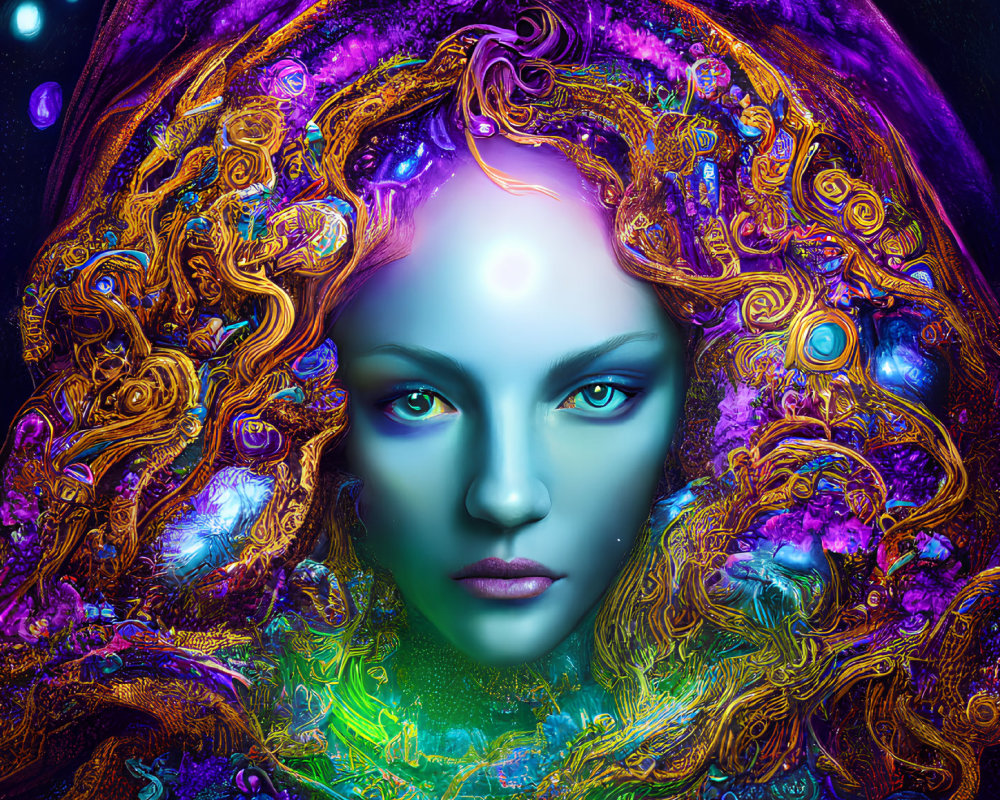Colorful digital portrait of a woman with purple glowing eyes and cosmic-themed golden hair.