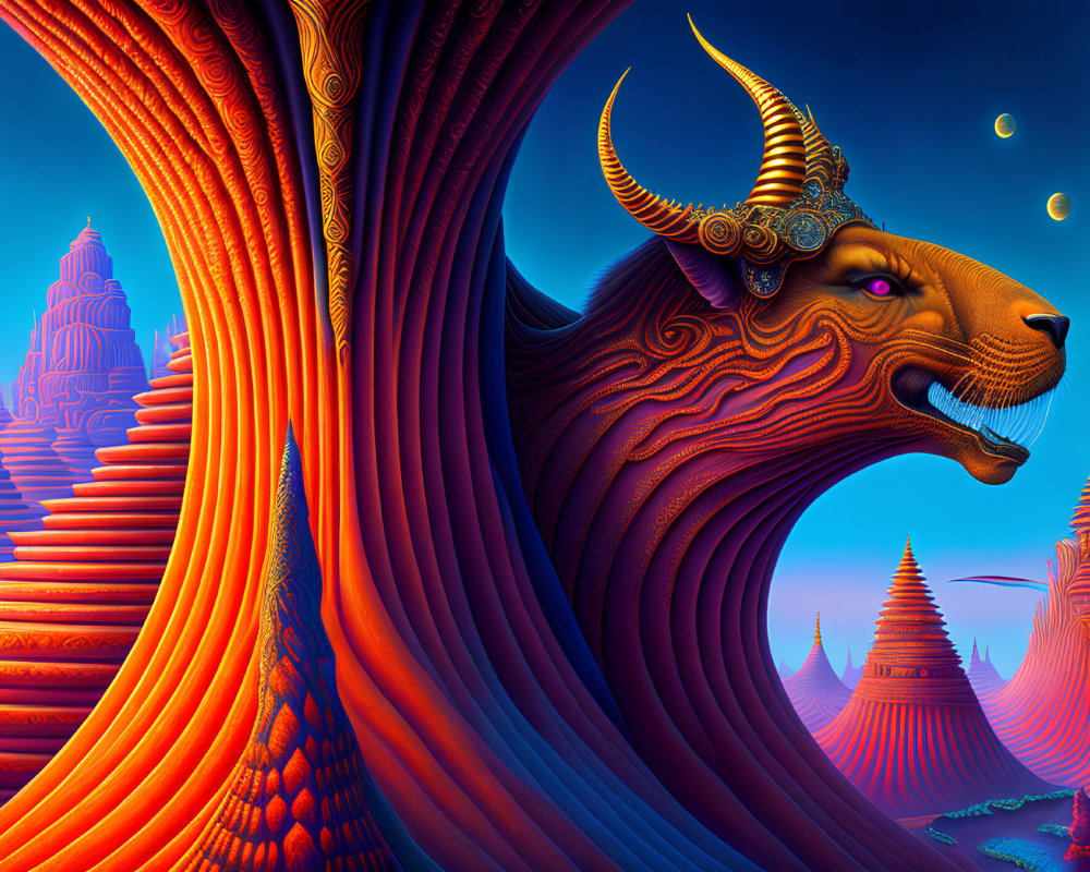 Majestic lion with horns in vibrant digital art piece