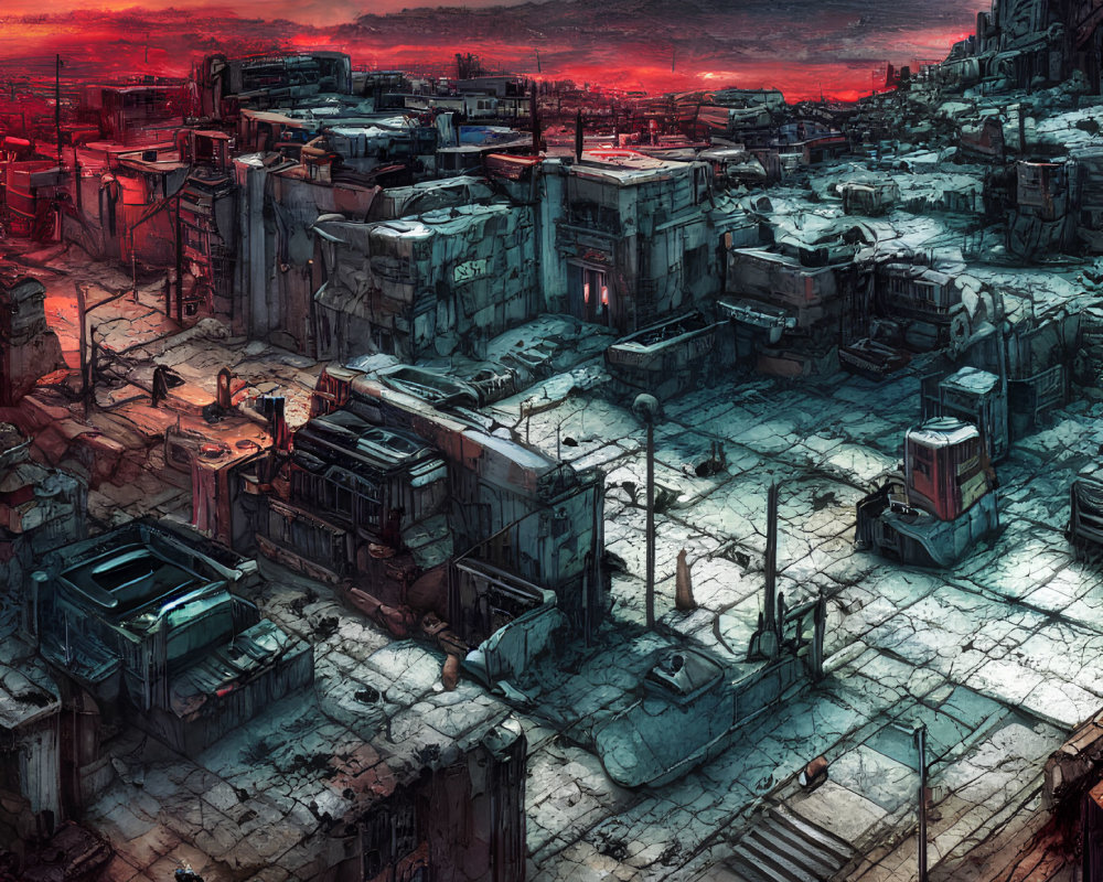 Dystopian cityscape at dusk with dilapidated buildings and fiery sky.