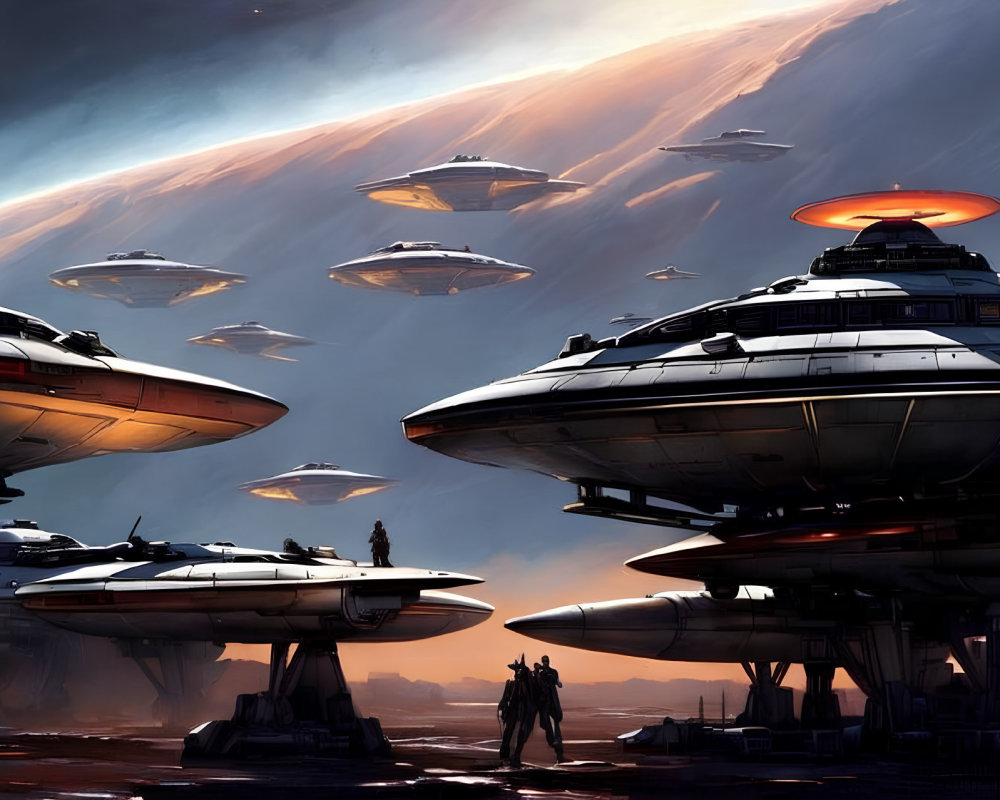 Futuristic spaceships at sunset above a spaceport