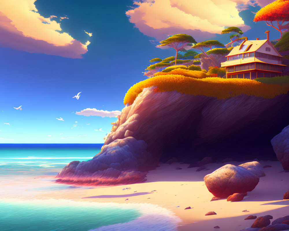 Tranquil beach landscape with house on rocky cliff, lush trees, sunset sky, and seabird