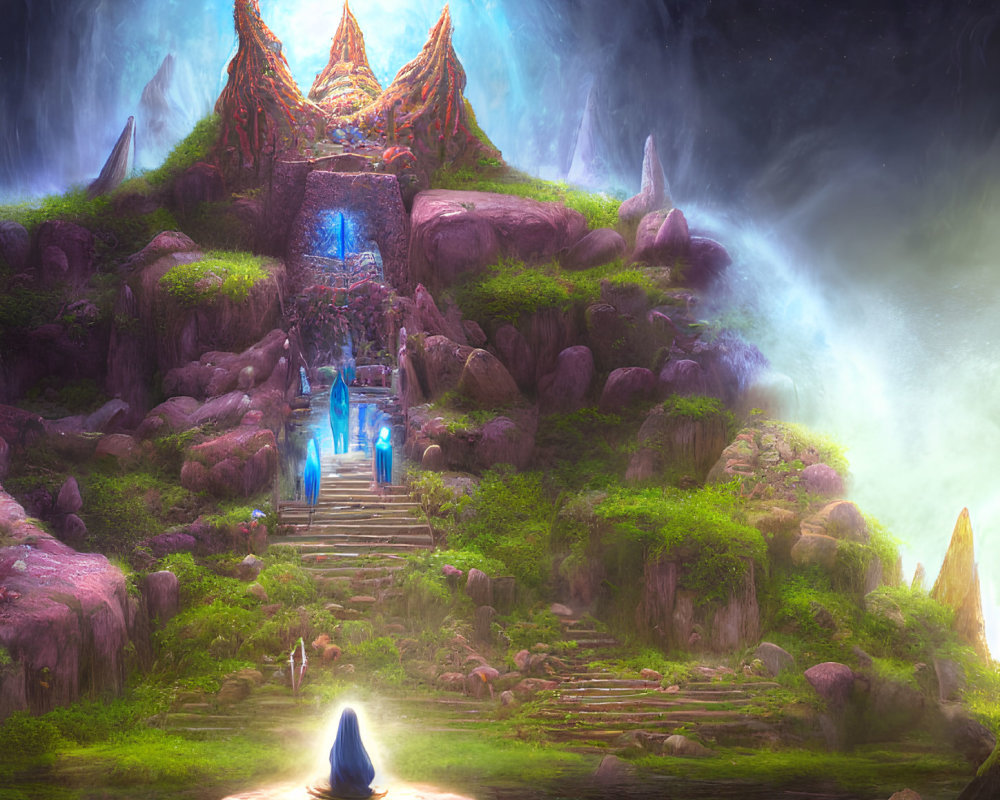 Mystical temple on rocky hill with glowing light, starry sky, waterfalls, and solitary