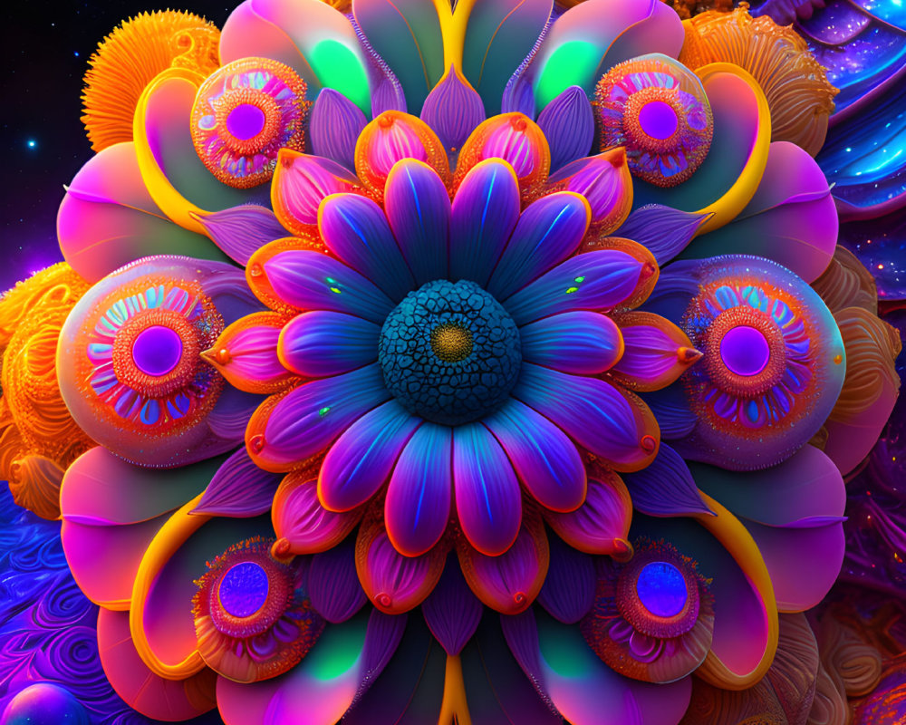 Symmetrical Floral Digital Artwork in Blue, Orange, and Purple