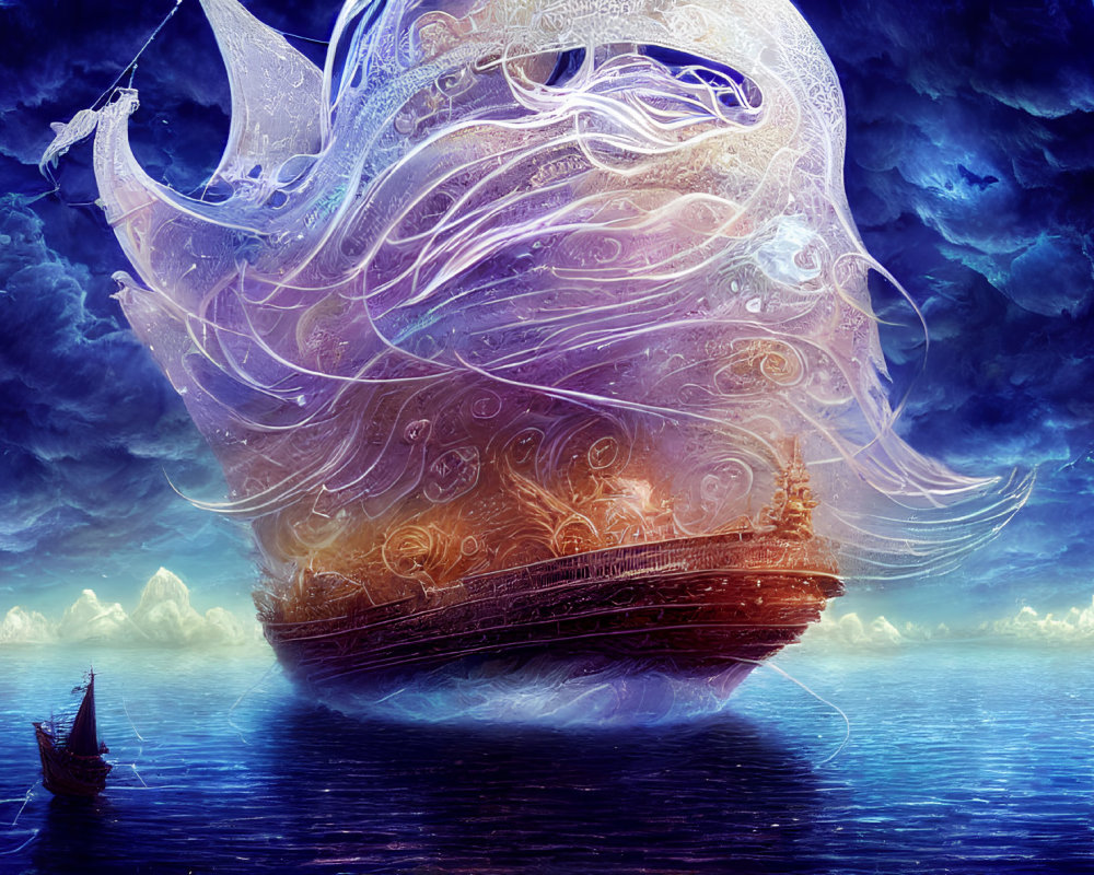 Fantasy sailing ship with ornate, ghostly sails on calm ocean at twilight