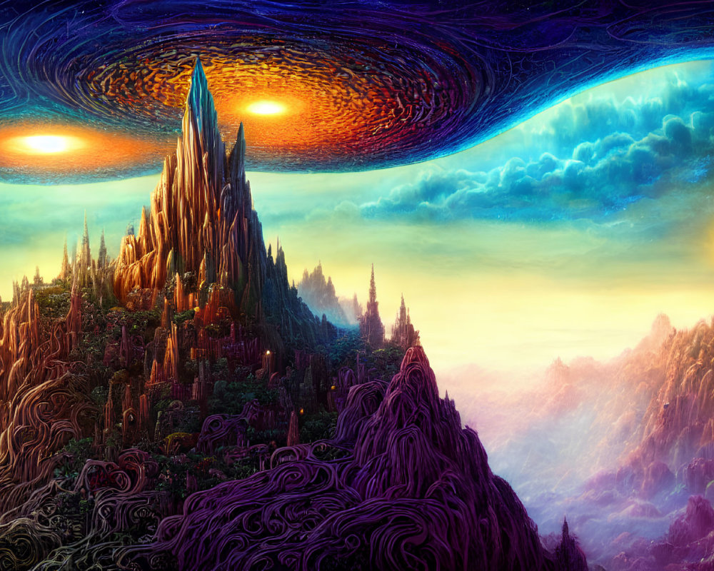 Fantasy landscape featuring crystal city, cosmic sky, two suns, and lone figure.