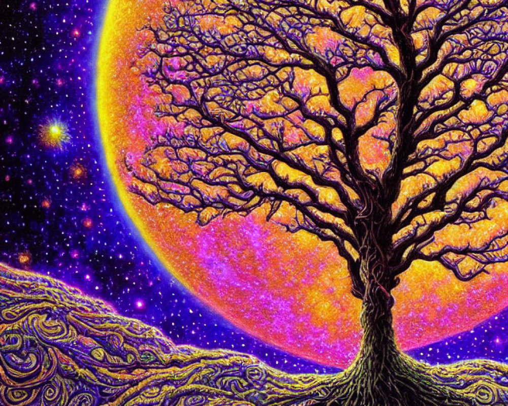 Colorful Tree Artwork with Moon and Stars in Cosmic Background