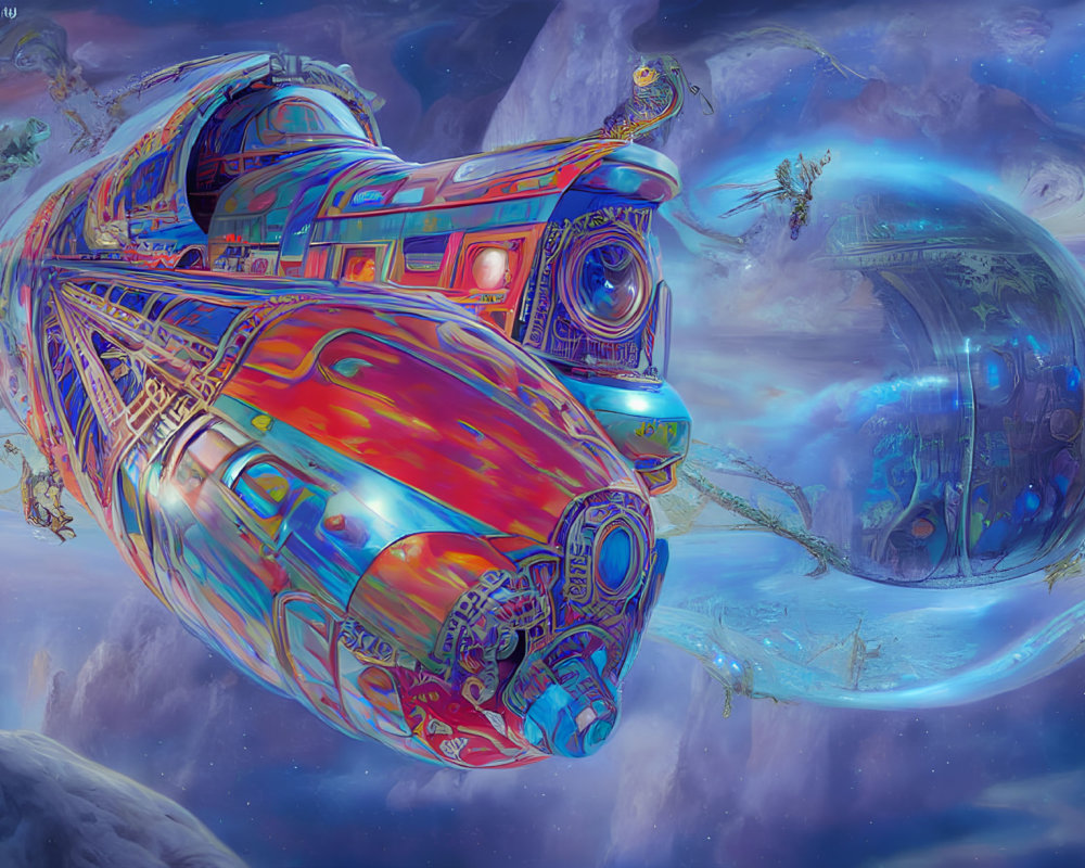 Futuristic spaceship in surreal cosmic landscape with nebulous clouds