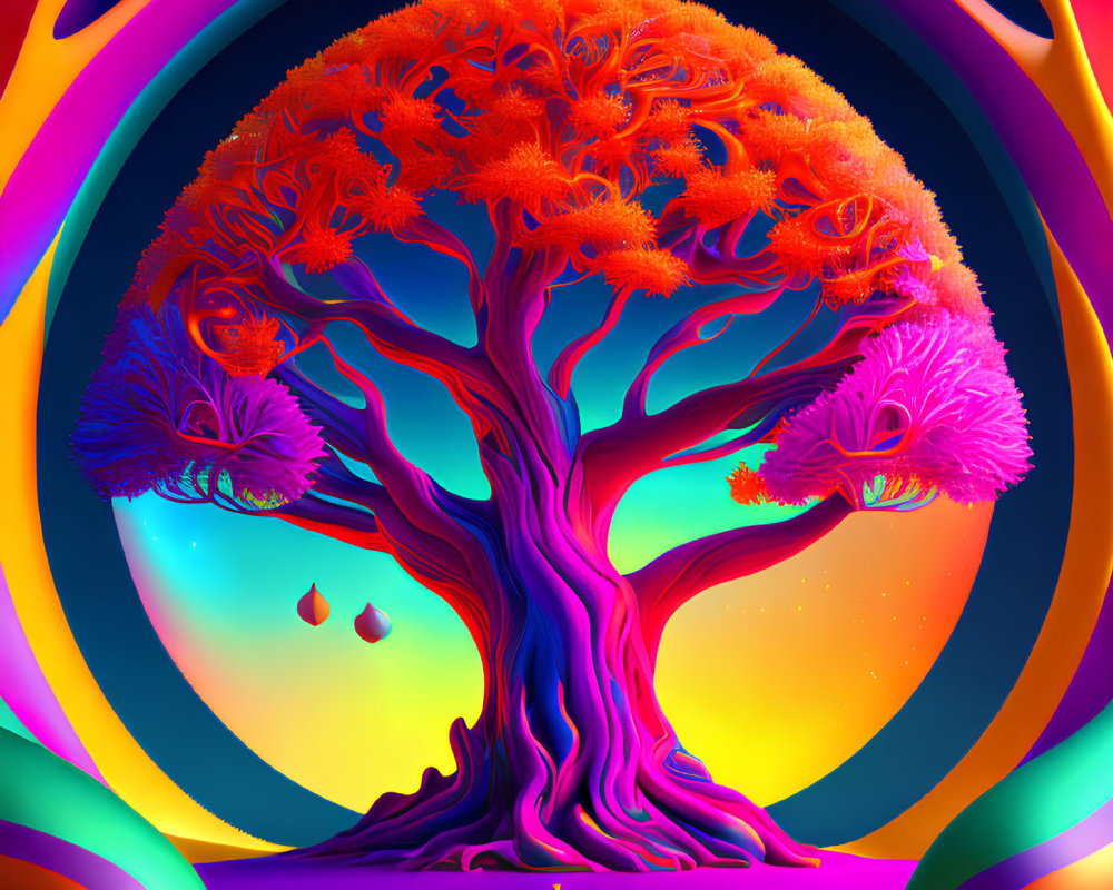 Colorful Tree Artwork with Psychedelic Background