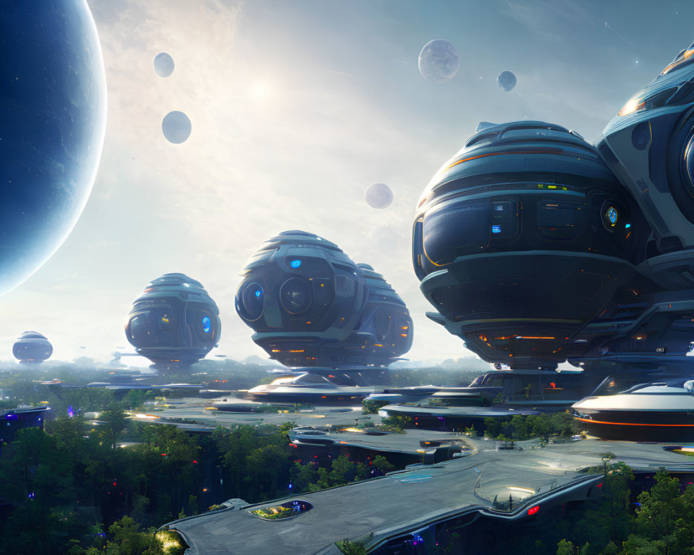 Futuristic cityscape with spherical structures and flying vehicles