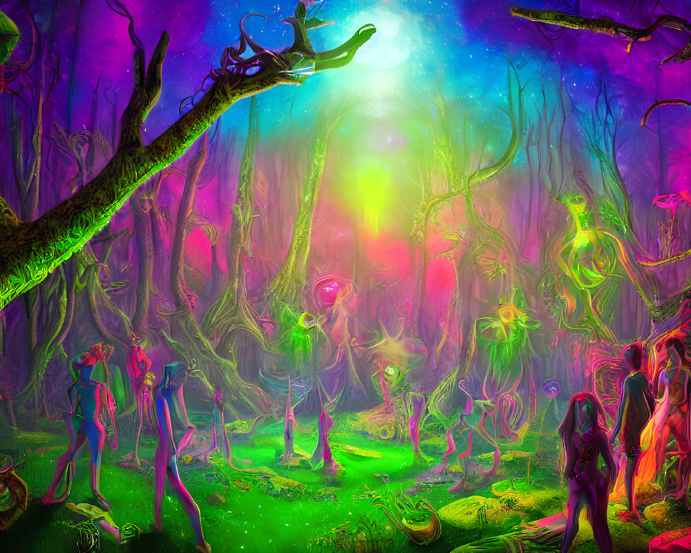 Mystical neon forest with twisted trees and ethereal creatures