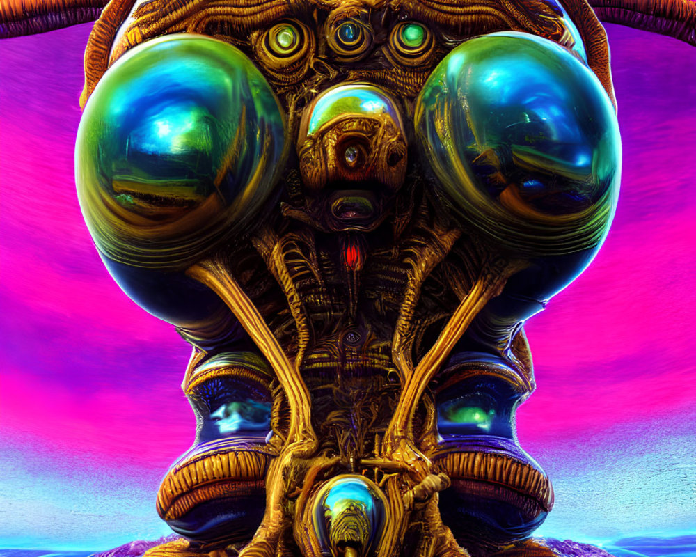 Colorful alien entity with reflective orbs and tentacle-like structures in surreal sky