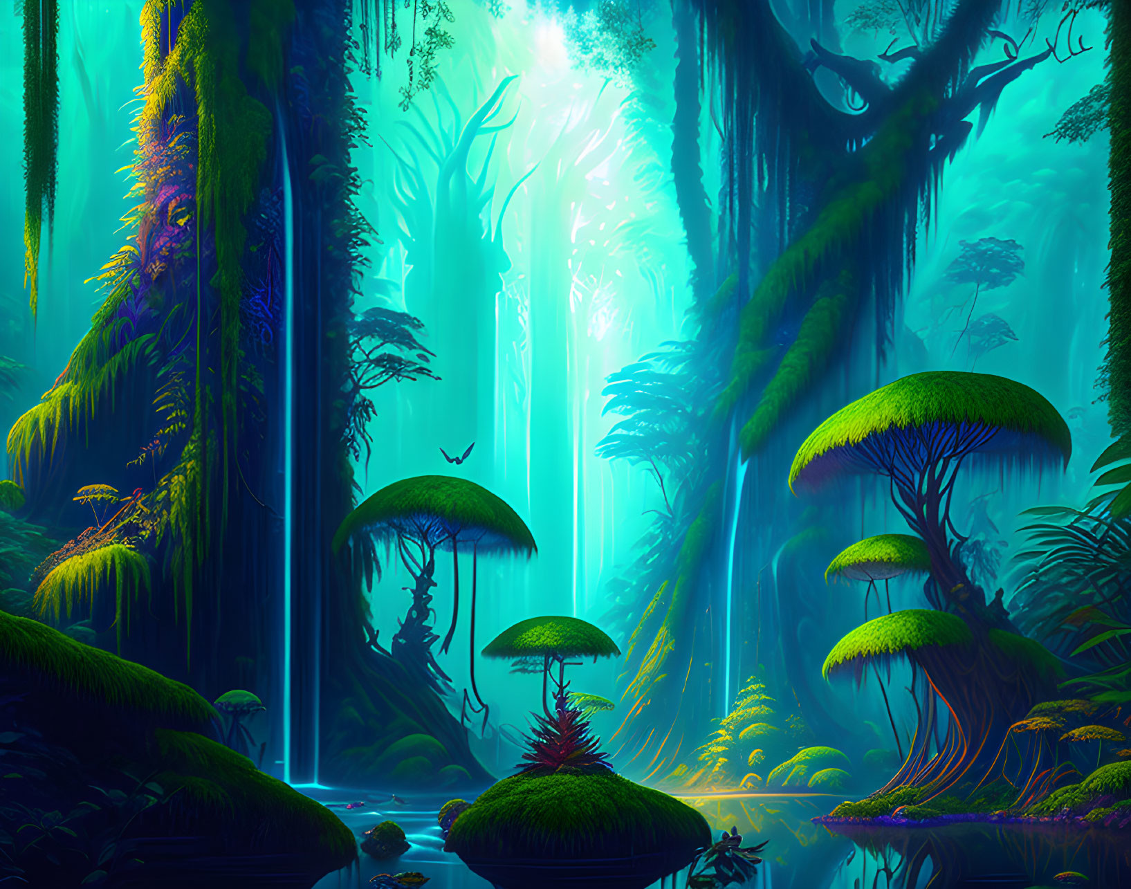 Mystical forest with oversized mushrooms, pond, and light beams