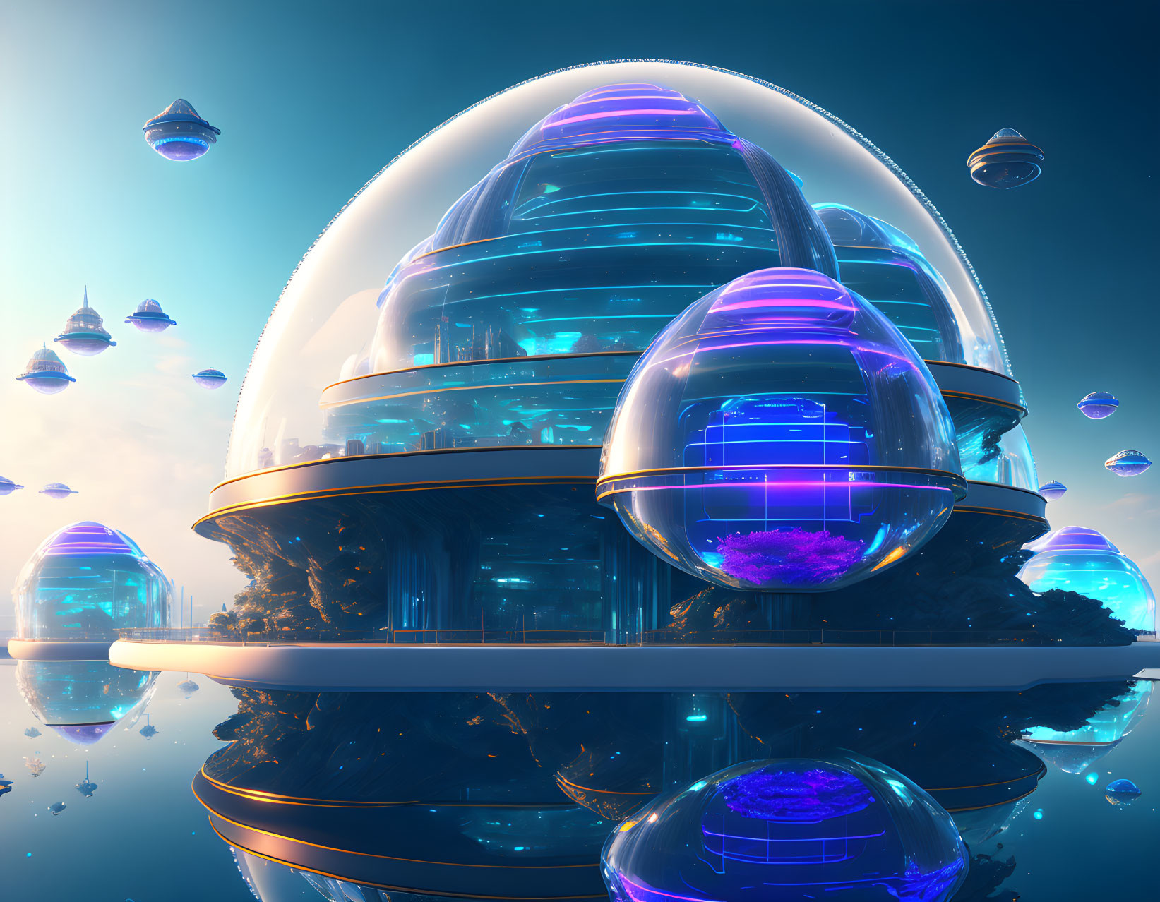 Glowing dome structures and levitating orbs in futuristic cityscape