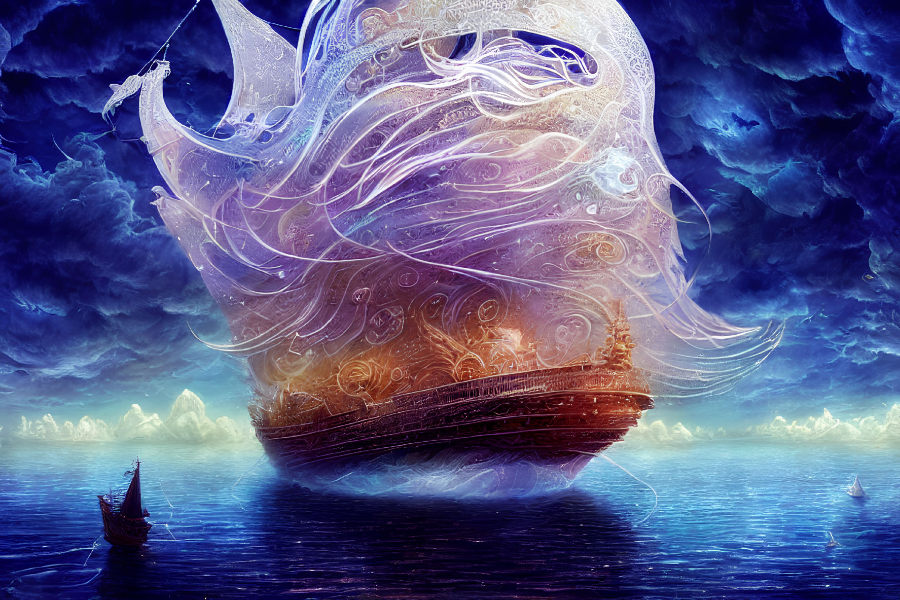 Fantasy sailing ship with ornate, ghostly sails on calm ocean at twilight