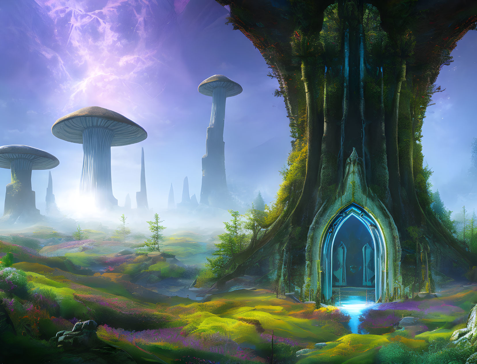 Fantastical landscape with giant tree, arched doorway, oversized mushrooms, and vibrant terrain