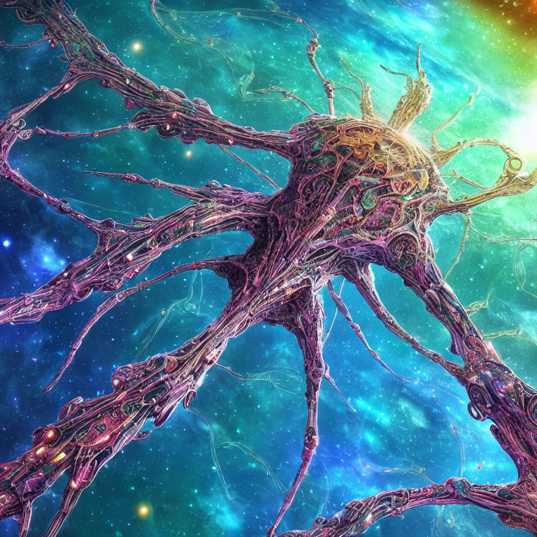 Vibrant pink, purple, and gold nebula with neuron-like structure
