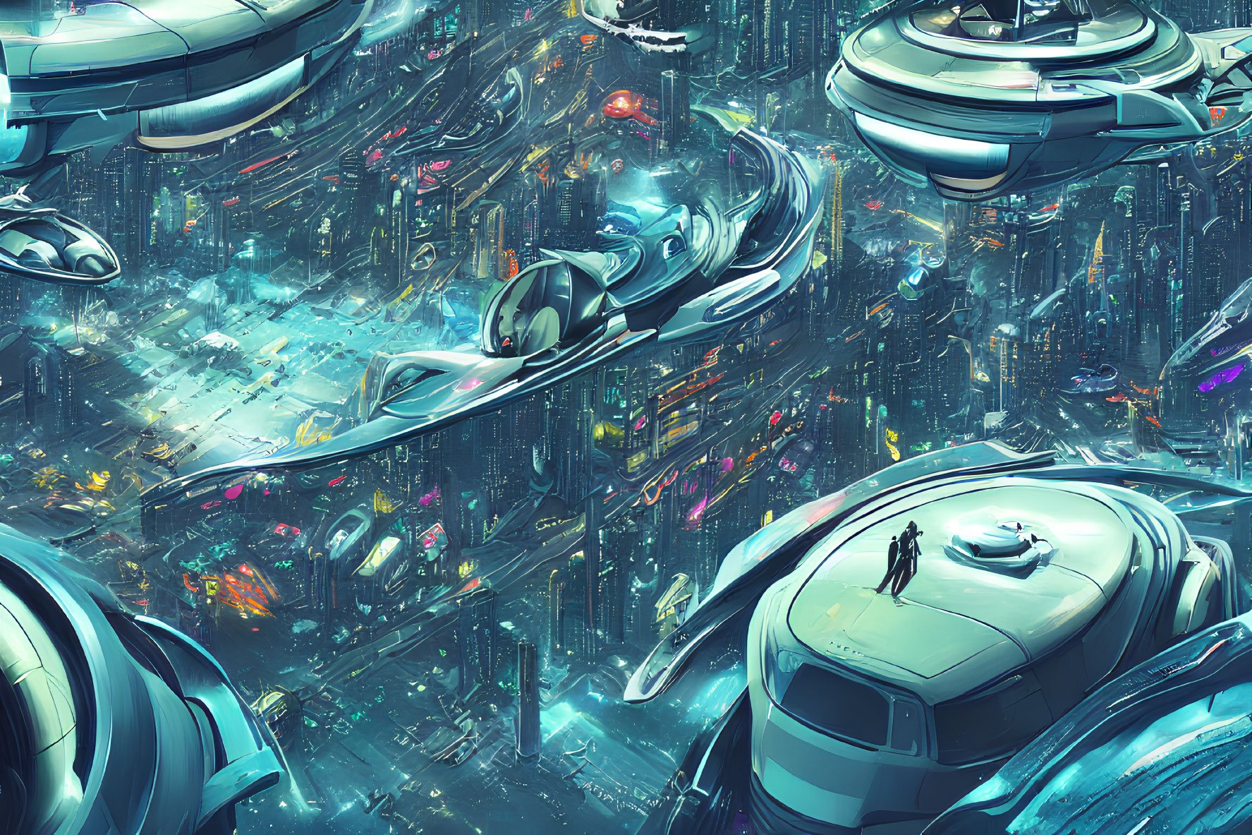 Futuristic cityscape with flying vehicles and neon lights