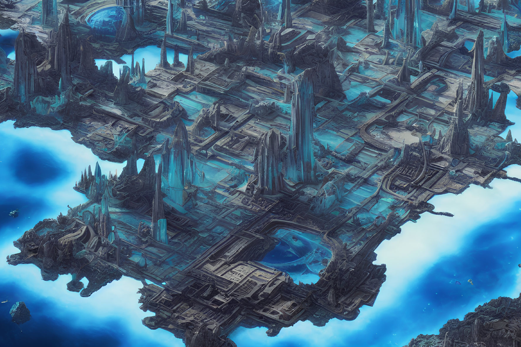 Futuristic blue cityscape with towering spires above clouds