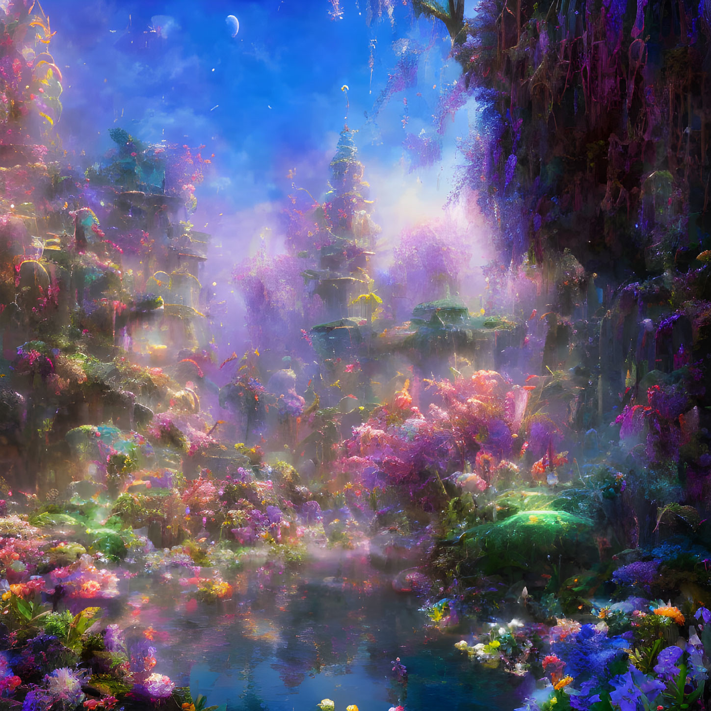 Vivid mystical forest scene with colorful flora and ethereal light
