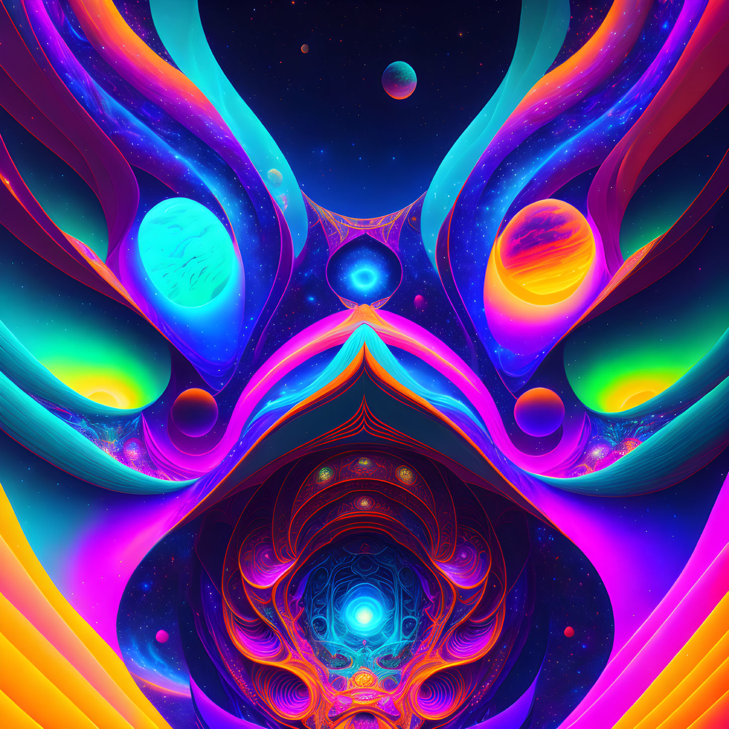 Vibrant psychedelic space-themed digital art with abstract cosmic patterns