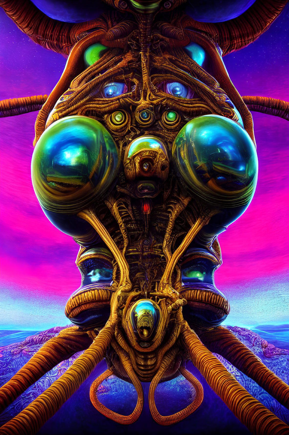 Colorful alien entity with reflective orbs and tentacle-like structures in surreal sky