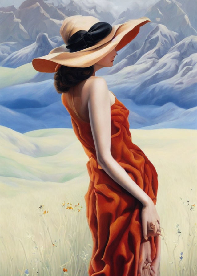 Woman in orange dress and wide-brimmed hat in field with mountains.