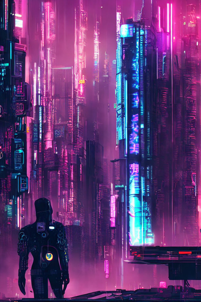 Solitary figure in neon-lit cyberpunk cityscape.
