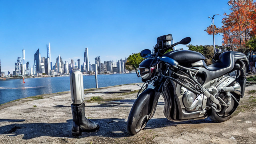 Motorcycle and Boots on Waterfront Promenade with City Skyline