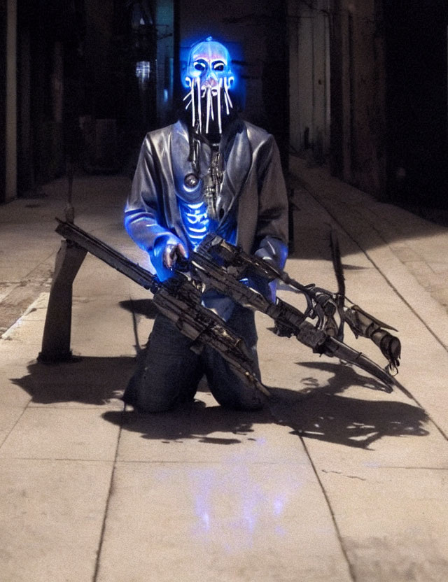 Glowing LED mask and gloves with rifle on dimly lit street
