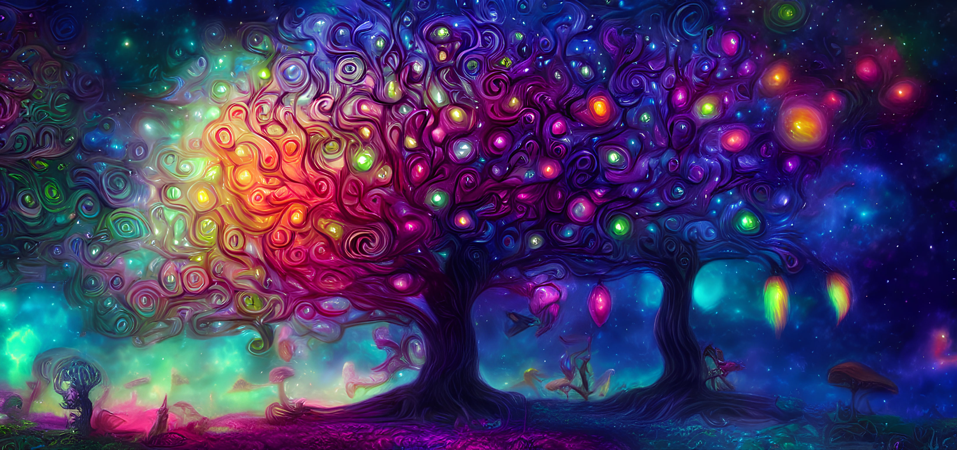 Colorful tree artwork with glowing orbs in fantasy landscape