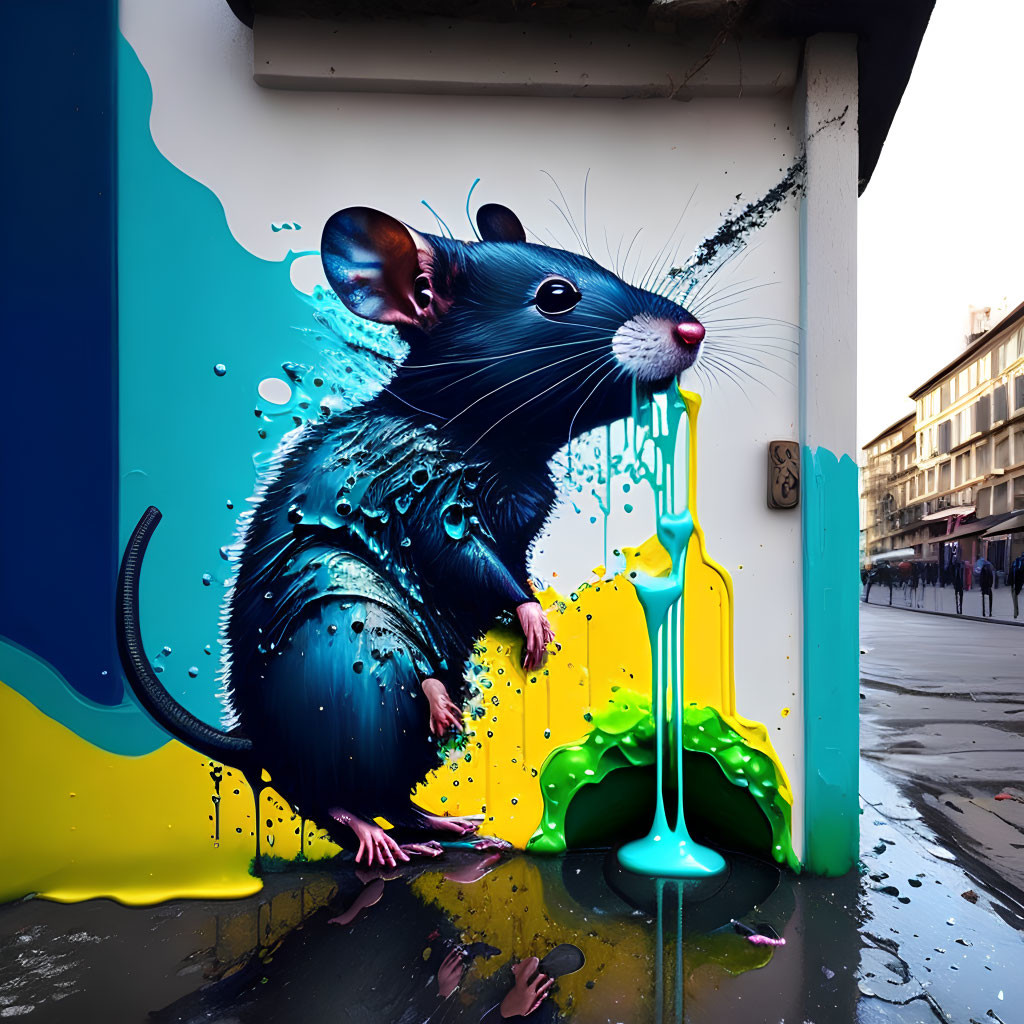 Hyper-realistic mouse street art in dark tones with bright blue and yellow accents