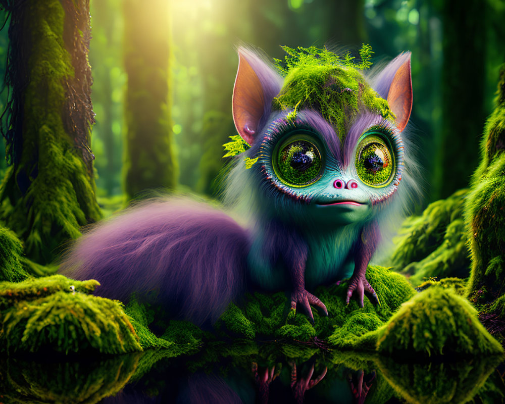 Whimsical creature with green eyes and purple fur in sunlit forest