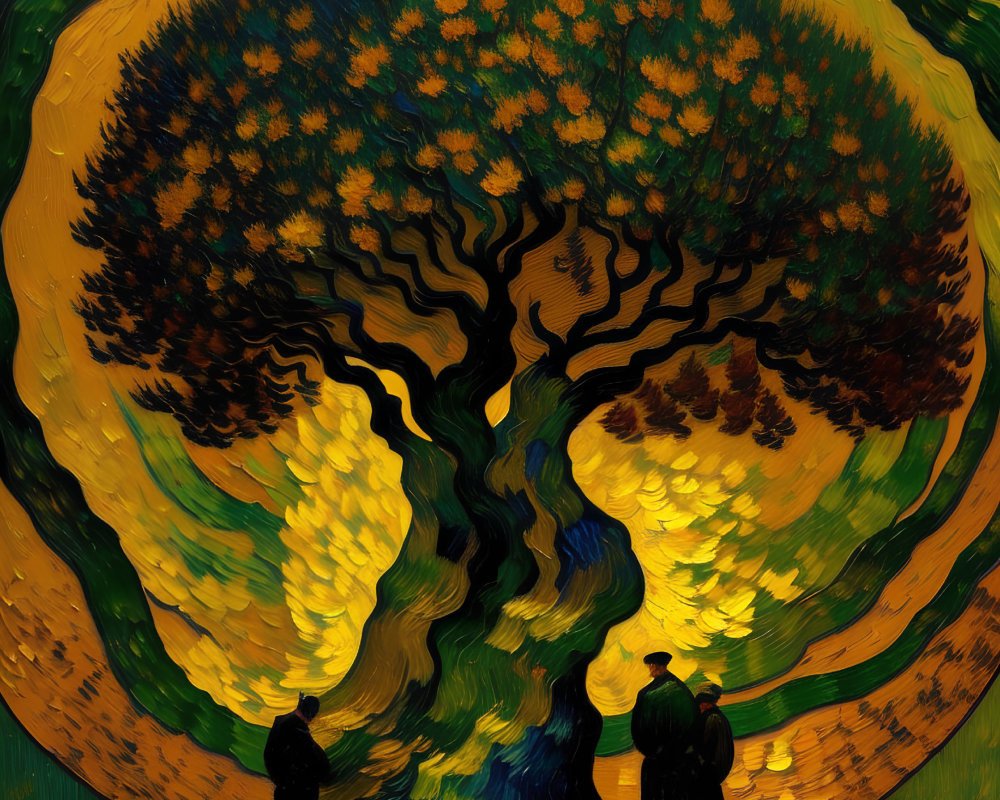 Colorful swirling tree painting with silhouetted figures on vibrant backdrop