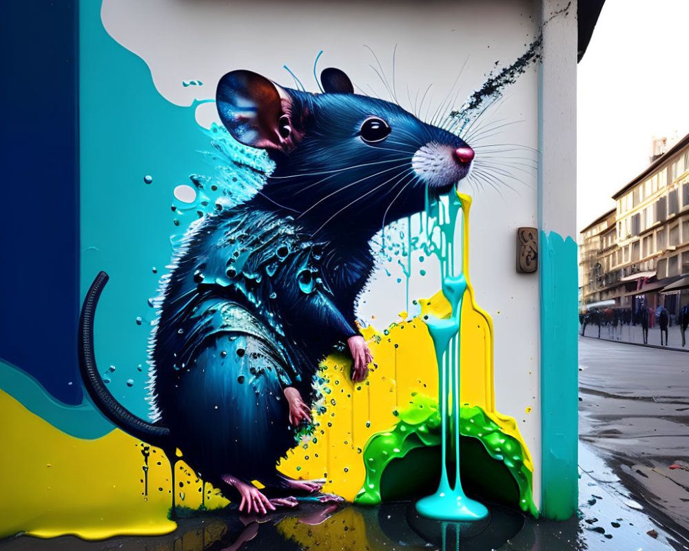 Hyper-realistic mouse street art in dark tones with bright blue and yellow accents