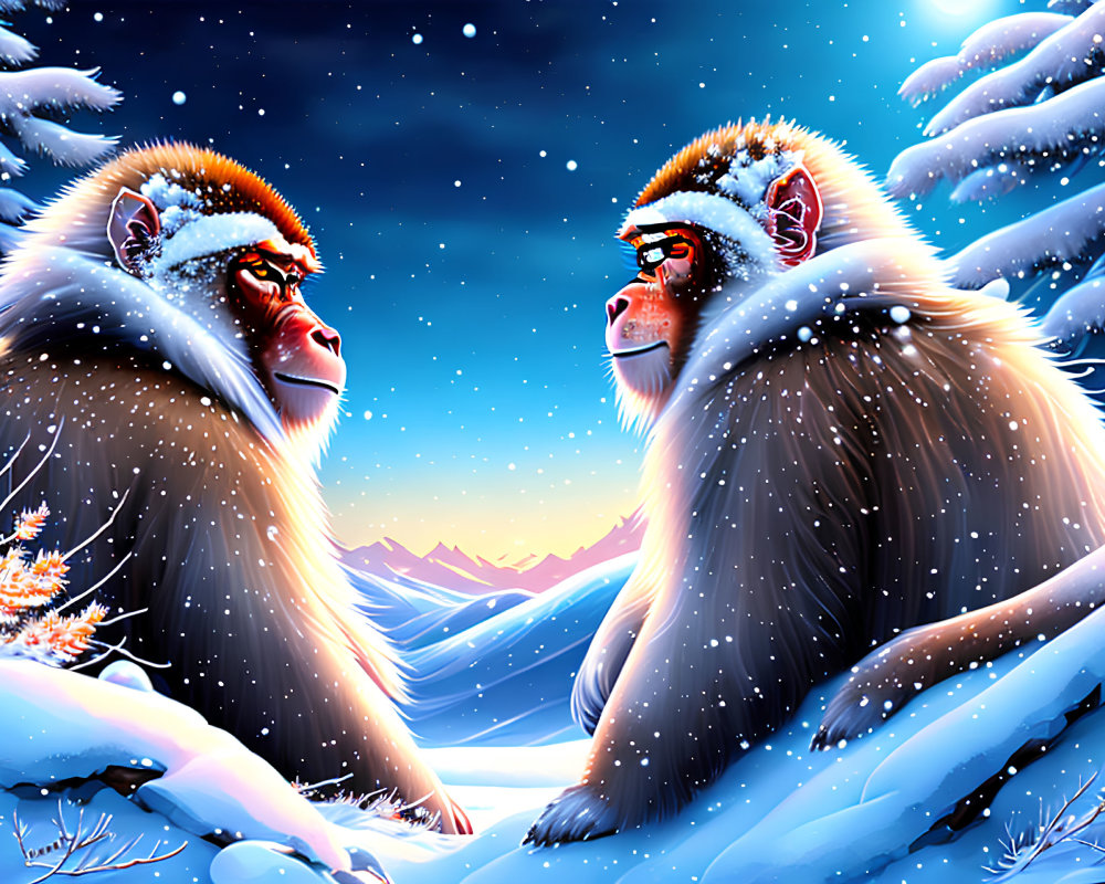 Illustrated monkeys in snowy landscape with starry sky