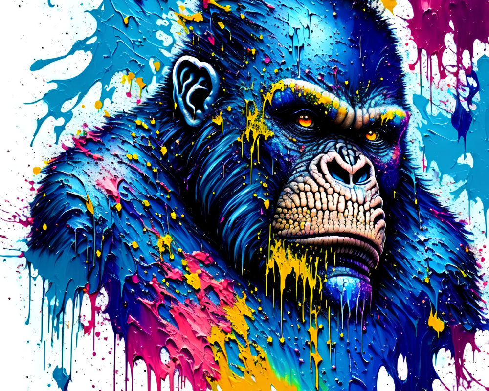 Vibrant gorilla painting with blue, yellow, and pink splashes