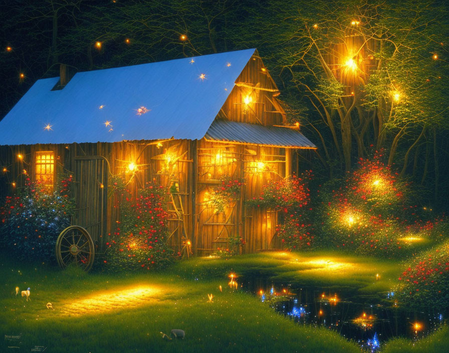 Rustic cabin with lights and flowers by pond at twilight
