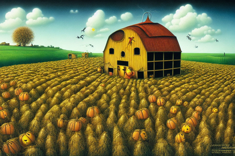 Whimsical farm scene with red barn, pumpkin fields, trees, and birds
