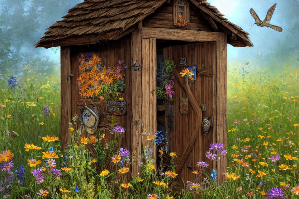Whimsical wooden hut with clock, bluebird, and flowers in vibrant meadow under misty