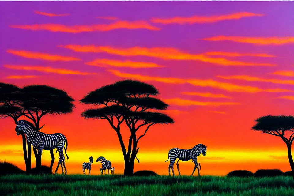 Colorful painting of zebras and acacia trees under African savanna sunset