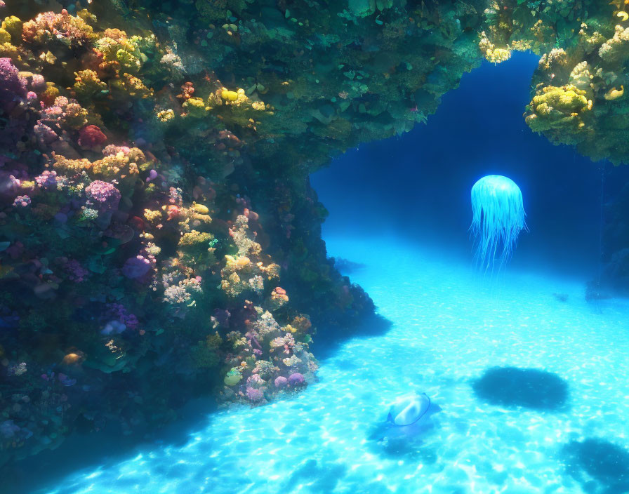 Glowing jellyfish near colorful coral archway in serene underwater scene