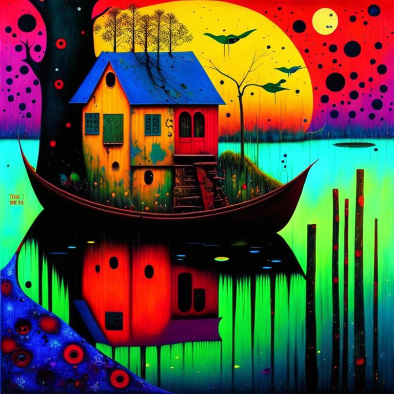 Colorful surreal artwork: Boat-house, abstract patterns, birds, celestial bodies