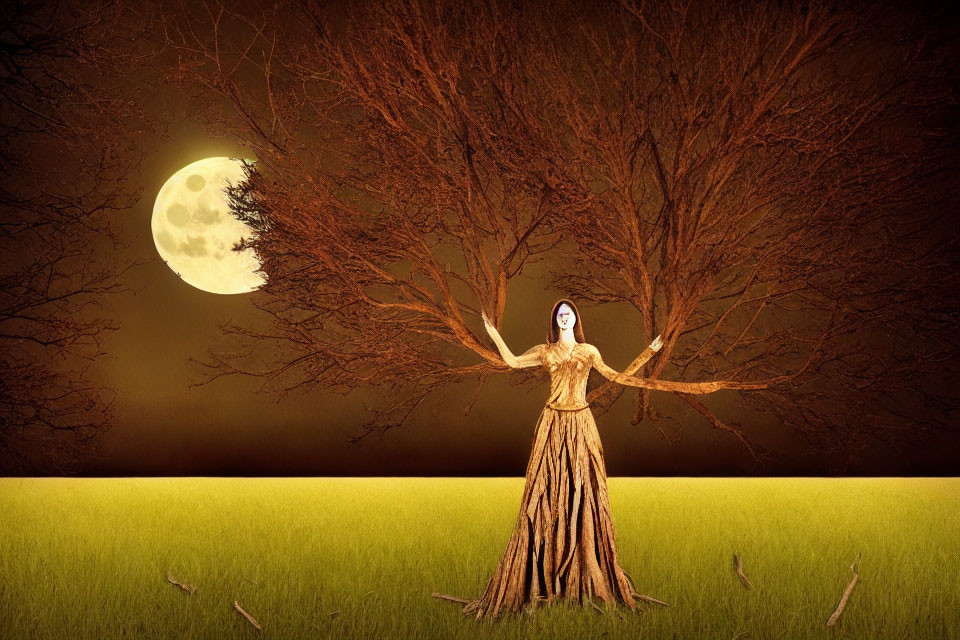 Woman in tree-like gown under full moon in surreal landscape